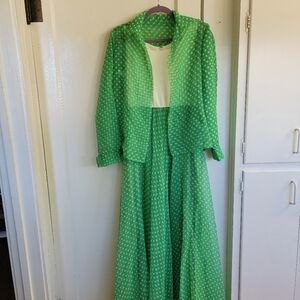 Unbranded Vintage Green Polka Dot Maxi Dress with Lightweight Jacket